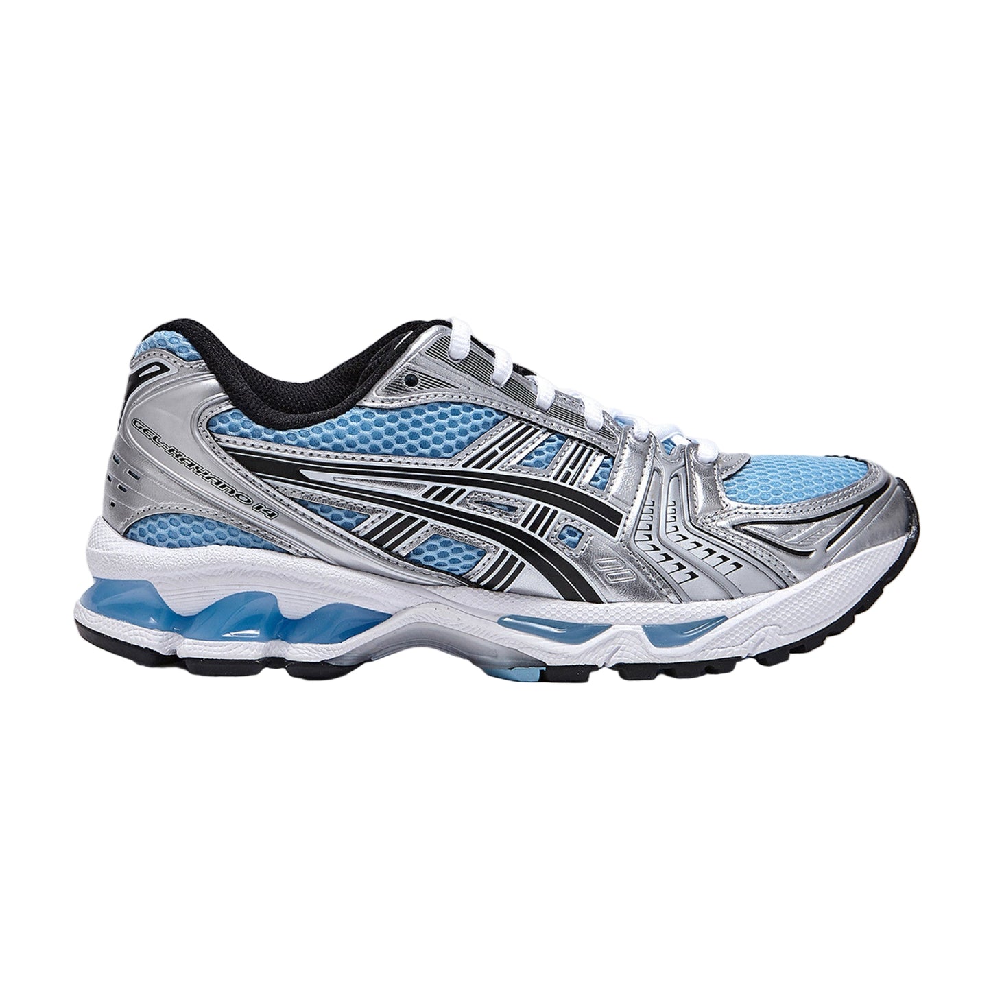 Gray and blue running shoe on a white background