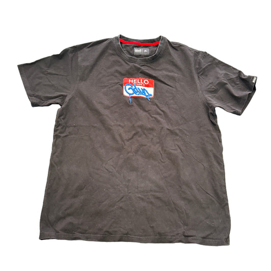 Used Hello My Name Is Sticker Black T-Shirt XL