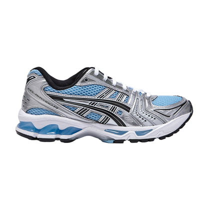 Gray and blue running shoe on a white background